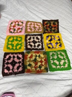 Handmade Crochet Granny Squares - Multi Color lot of 9 5”